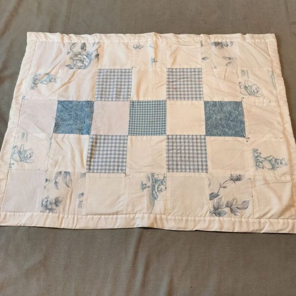 Winnie the Pooh baby quilt blue white patchwork